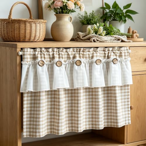 Beige Gingham Checkered Kitchen Short Curtain with Ruffle & Wooden Buttons - size: 39"W x 20"L (Pack of 1)