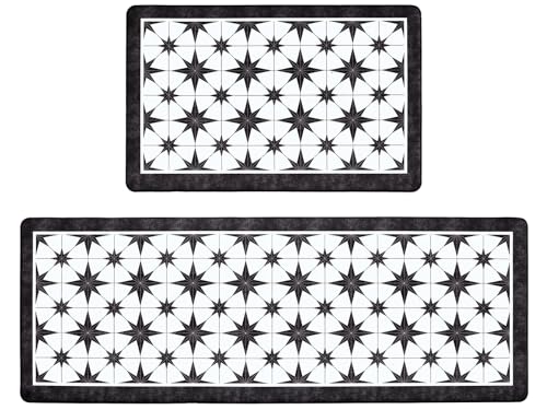 블랙 주방 러그 2개 세트, 피로 방지, 43.9cmx70.1cm(17.3x27.5인치)+43.9cmx119.9cm - color: 별 타일-블랙