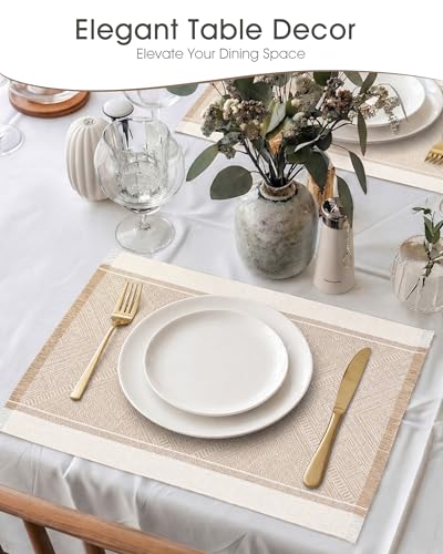 Placemats Set of 6, 13.8 x 17.7 Inch, Polyester, Jacquard Woven - color: Polyester-13.8 X 17.7inch-natural Beige
