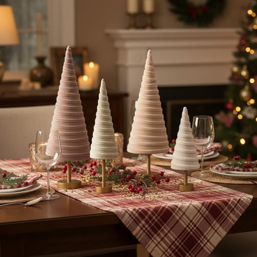 Hoolerry 4 Pcs Christmas Velvet Trees with Gold Pedestal, Nude Tone - color: Nude Tone