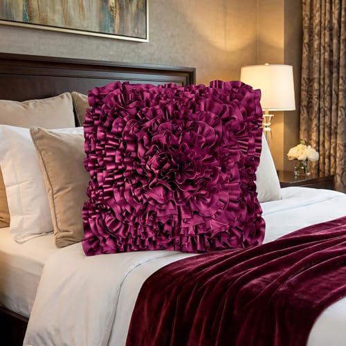 Plum Accent 3D Ruffle Decorative Throw Pillow Covers for Bed Sofa Couch - color: Plum Burgundy