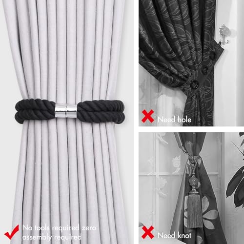 NICEEC Natural Cotton Rope Magnetic Curtain Tiebacks, 2 Pack, Black - color: Black, size: 2 Pack