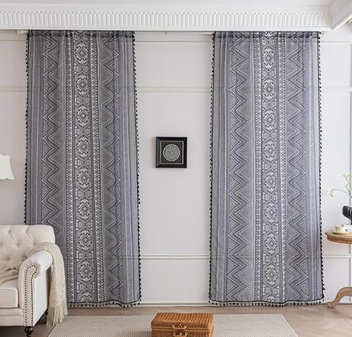 Black Geometric Sheer Curtains 54 inch Long, Fringed Edges and Textured Semi Sheer Curtains Large Window Treatments for Living Room/Bedroom, 2 Panels - color: Black Geometry, size: 52"W x 54"L (Pack of 2)