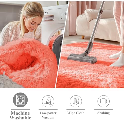 OLANLY Coral Red Round Rugs for Bedroom - Machine Washable, 2 ft Circle Area Rugs for Living Room, Soft and Fluffy Shaggy Carpet for Teen Girl and Boys, Nursery Rooms, Dorms, Home Decor Aesthetic - color: Coral Red, size: 2 Ft Round