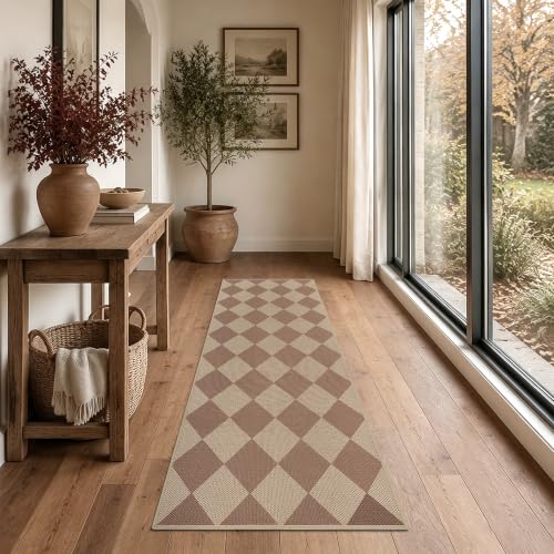 Easy Jute Kitchen Runner 2x6 Kitchen Runner Rug Washable Non Slip Outdoor Rug for Entryway Farmhouse Neutral Low Pile Carpet for Hallyway Proch Doorway - color: Brown/Checkered, size: 2'*6'(Runner)