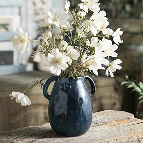 Tanvecle Blue Ceramic Vase with Handles, 7" Modern Farmhouse Decor - color: Blue