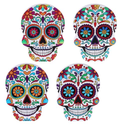 DECSPAS Day of the Dead Decor, 4 PCs Wood Block Sugar Skulls Dia De Los Muertos Decorations, Wooden Skeleton Tiered Tray Decor for Altar, Ofrenda, Home, Table, Mantle, Mexican Fiesta - style: Day of the Dead - Skulls