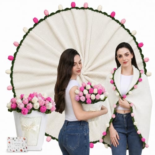 Tulip Crochet Flower Bouquet Blanket, Handmade Knitted Throw Blanket - color: Pink Tulip, size: Medium