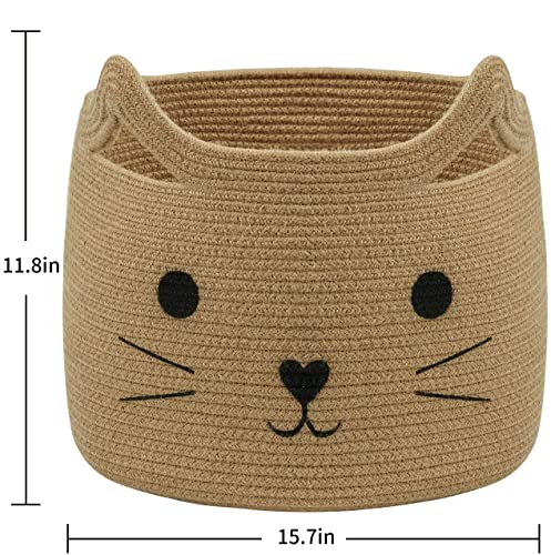 Large Woven Rope Cat Toy Basket with Cat Face Design, Jute - color: Jute, size: 15.7"W x 11.8"H