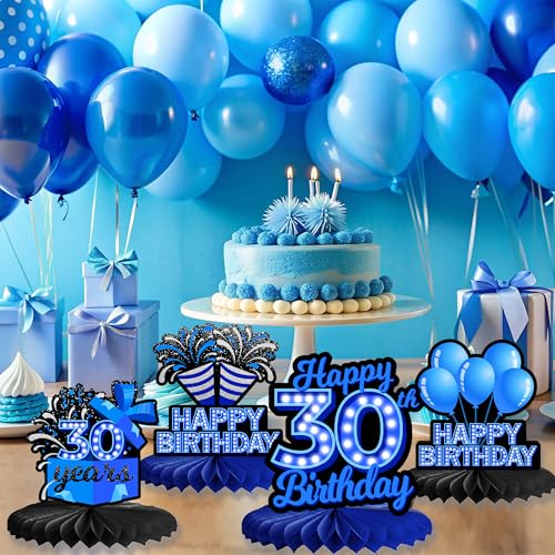 Happy 30th Birthday Honeycomb Centerpieces 9Pcs Stylish Sophisticated Blue Neon Theme Table Decor for Boys Girls Birthday Party Celebration Favors Decorations Photo Props Supplies - BECKTEN - color: 30