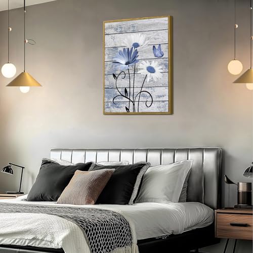 HVEST Blue and White Floral Wall Art for Living Room, Rustic Daisy Butterfly on Farmhouse Wood Canvas Wall Art Nature Plant Flower Pictures for Bedroom Bathroom Decor Framed Artwork, 17L X 12W inches - color: Blue, size: 17"L x 12"W
