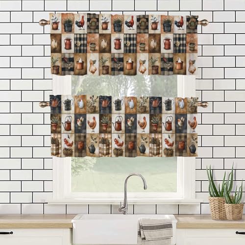 Farmhouse Patchwork Window Curtain Valance 2 Pack Farm Animals Chickens Vintage Rustic Valance for Bedroom Living Room Bathroom Rod Pocket Window Curtains Window Treatment Valances 54x18 inch - color: Farmhouse Patchwork