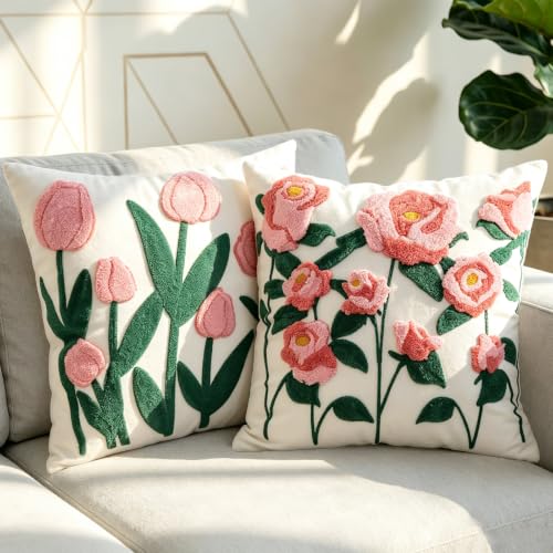 Rose Tulip Pink Floral Spring Embroidered Throw Pillow Cover 18x18 Set of 2 - color: Rose Pink