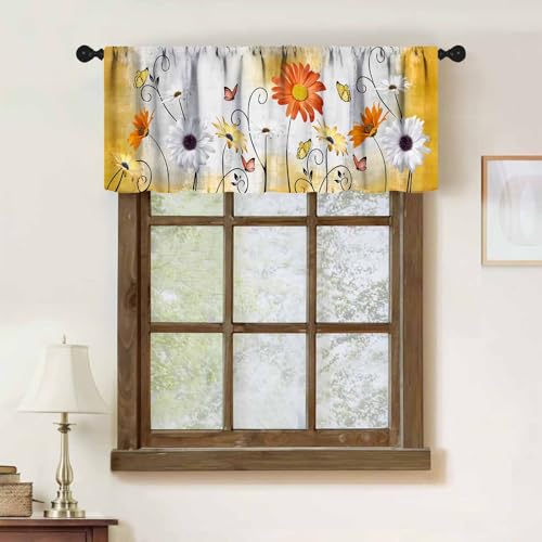 Farmhouse Daisy Curtain Valance for Window,Country Vintage Rustic Floral Butterfly Orange Yellow Spring Summer Window Drapes for Bathroom Bedroom Living Room Kitchen 1 Piece,54x18 Inch - color: Daisy-9
