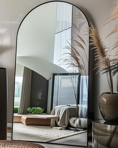 KOMCOTE Full Length Floor Mirror - 77x38 Inches Oversized Arched Black Mirror for Bedroom, Living Room, Dressing Room - Elegant Freestanding & Leaner Mirror for Home Decor - color: Black, size: 77"L x 38"W