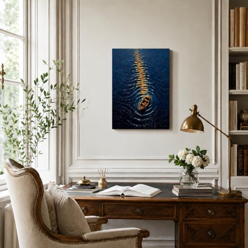 Canvas Wall Art Night Ocean Framed Style Golden Boat Reflection 16x24 Inch - color: A quiet little boat, size: 24"L x 16"W