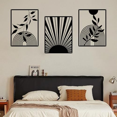 YIYA 3 Pieces Black Metal Wall Decor Black Modern Geometric Wall Decor Hanging Minimalist Line Wall Art for Bedroom Living Room Bathroom Balcony Gallery - style: Round and Leaf