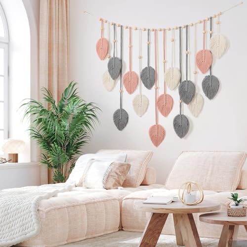 Betylifoy Macrame Wall Hanging Boho Pink Leaves Tapestry Wall Art Decor - color: Pink