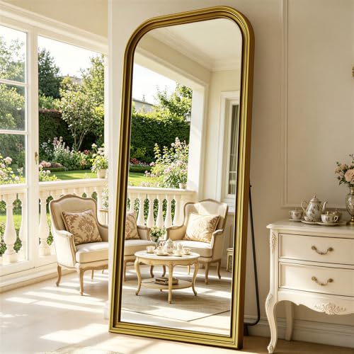 71"x32" Full Length Mirror with Stand, Arched PU Frame - color: Antique Gold