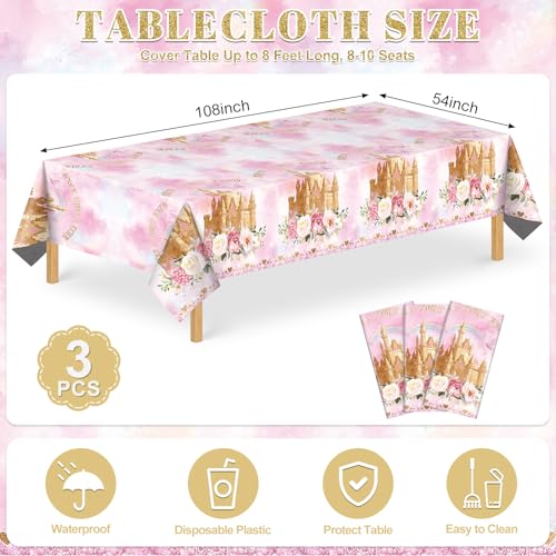 3 Pack Princess Tablecloths, Disposable Pink Rose Castle Themed Table Cloth - color: Rose Castle