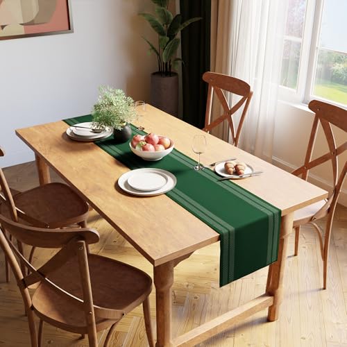 Encasa XO Table Runner, Yarn Dyed Ribbed Cotton 13"x94" - color: Ladder Dk Green, size: 13x94 in