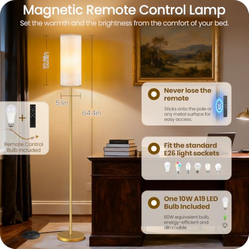 Dimmable Floor Lamp for Living Room with Remote and Foot Switch, Standing Tall Lamp, Bulb Included, 3000K-6500K, Beige and Gold, FCC Listed DE06LD05W1 - color: Beige Gold