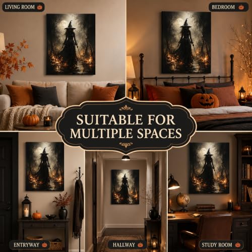 Halloween Canvas Wall Art, Dark Witch in Moonlit Forest Halloween Pictures - color: Halloween17, size: 8"L x 10"W