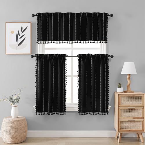 BTTN Small Boho Linen Striped Window Valance Curtain, 52Wx18L, Black - color: Black, size: 52"W x 18"L (Pack of 1)