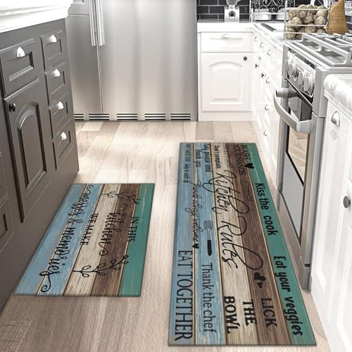 Farmhouse Kitchen Rug Sets of 2 Piece Non Slip Kitchen Rugs and Mats Washable Kitchen Mats for Kitchen Floor Mat Carpet Runner Rugs for Hallway Laundry Decor 17"x30"+17"x47" - color: Green-brown-blue, size: 17" x 30" + 17" x 47" (Set of 2)