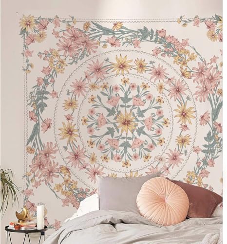 Simpkeely Mandala Floral Medallion Tapestry, Sketched Flower Plant Boho Wall Hanging, Bohemian Tapestries for Bedroom Living Room Dorm Home Décor 69 x 90 Inches (RosyBrown) - color: RosyBrown, size: 90"L x 69"W