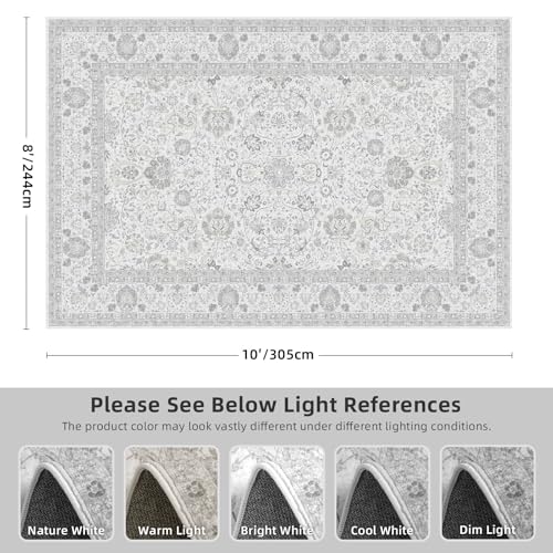 Neutral Area Rugs 8x10 for Living Room Vintage Rug Boho Floral Modern Washable Area Rug with Non-Slip Backing Large Carpet for Bedroom Dining Room Light Grey - color: Vintage Light Grey, size: 8'x10'