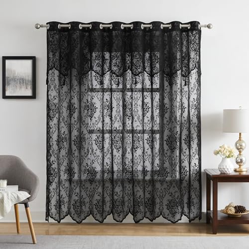 LinenZone 102x84 Black Lace Patio Door Curtain.(Luna 102x84, Black) - color: Black, size: 102"W x 84"L (Pack of 1)