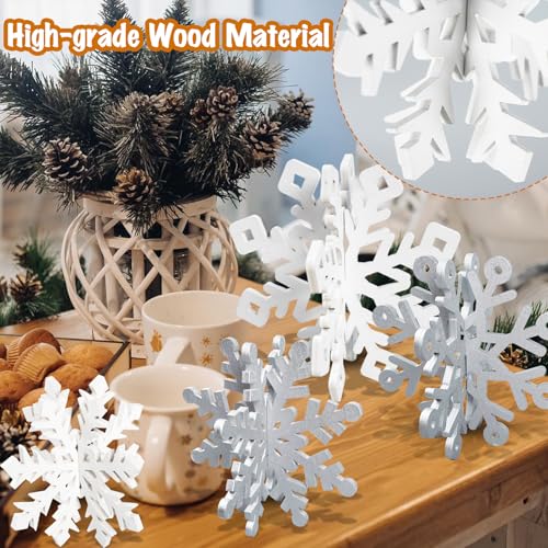 Wooden Snowflake Decorations, 3D Christmas Table Decorations, Set of 12 - color: White Silver, size: 12 set