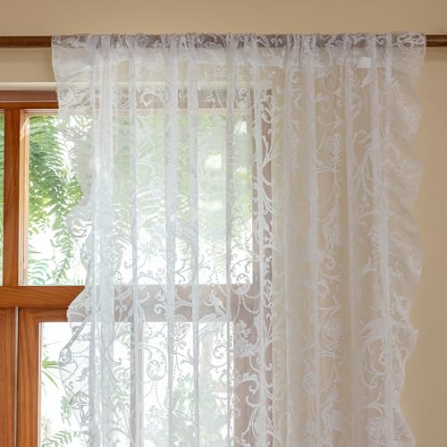 TUDECO White Lace Curtains 63 Inch Length, Ruffle Edges, 59 x 63, 2 Panels - color: White, size: 59"W x 63"L (Pack of 2)