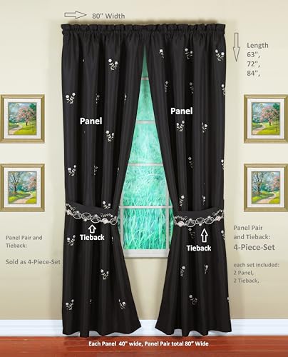Today's Curtain Verona Reverse Embroidery Panel Pair and Tiebacks, 84", Black/Rose, 80" W X 84" L - color: Black/Rose, size: 80"W x 84"L (Pack of 1)