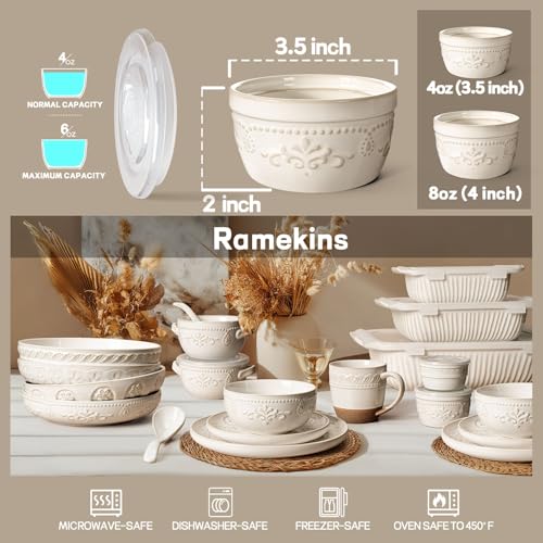 Artena Ramekins with Lids, Creme Brulee Ramekins Oven Safe, Ceramic Pudding Cups, Souffle Cups, Custard Cups, Dipping Sauce Cups, Food Storage Containers with Lids, Set of 4 (4 oz, Multiple Patterns) - size: 3.5 inch (Multiple Patterns, White)