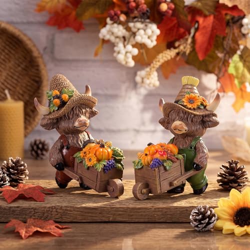 Karenhi 2 Pcs Fall Highland Cow Figurines, Harvest Wheelbarrow Decor - style: Harvest
