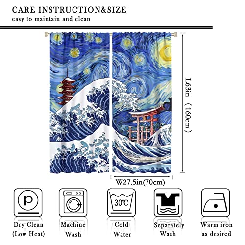 Japanese Asian Art Rod Pocket Blackout Curtains for Living Room,Room Darkening Blue Anime Ocean The Great Waves Fantasy Starry Sky Torii Bedroom Curtains,2 Panels 63L x 27.5W - color: Japanese Asian Art, size: 27.5"W x 63"L (Pack of 2)