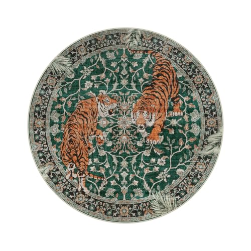 Moynesa 5ft Round Boho Tiger Rug, Green Washable Rug for Living Room - color: Green, size: 5' (Round)