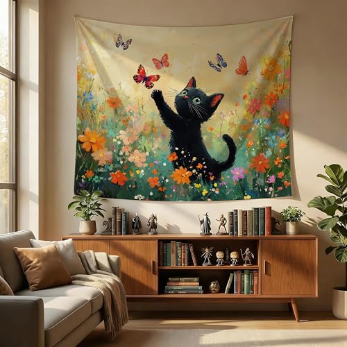 MKYFHSVGD Black Cat Wildflower Tapestry Wall Hanging, Funny Cute Black Cat Catches Butterfly Floral Wall Tapestry for Kids Girls Room Home Bedroom Office Decorations, 50x60 Inch - color: Black Cat