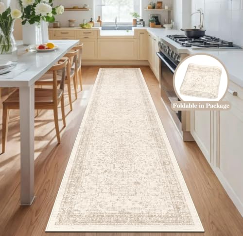 nesrt 2x10Ft Vintage Geometric Washable Hallway Runner Rug Non Slip, Beige Boho Thin Long Kitchen Rug Runner, Soft Faux Wool Indoor Floor Carpets for Entryway Bathroom Farmhouse Decor - color: Beige, size: 2' x 10' (Rectangular)
