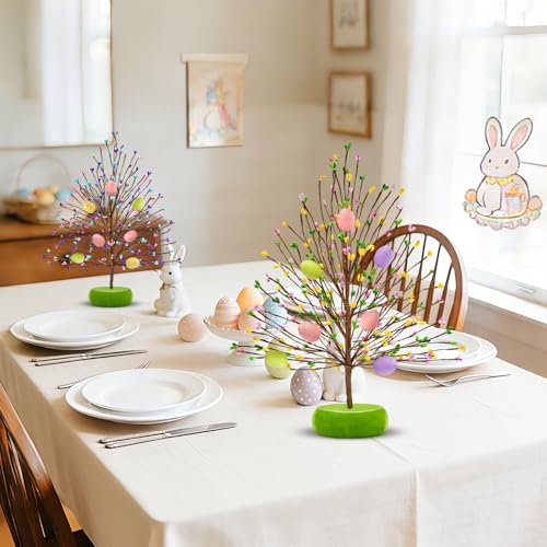 TURNMEON Easter Decorations 2 Pack Easter Tree with 14 Pastel Eggs Ornaments and Floral Berry Blossom, 15'' Tabletop Artificial Tree Easter Decor for Spring Party Table Centerpiece Room Home