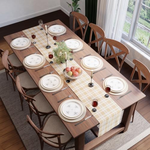 Encasa XO Table Runner, Woven Cotton Dining Linens 13"x59" Beige - color: Franca Beige Checks, size: 13x59 in