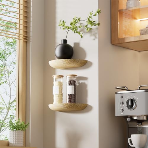 QsQueen Half Round Floating Shelves for Wall, 2 Pack Small Paulownia Wood, Screw Mount, for Plants & Decor - color: Light Brown, size: Screw Mount (S+S)