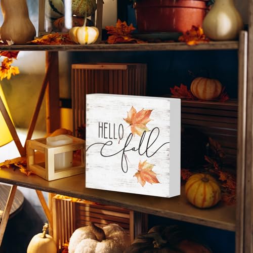 Hello Fall Wood Box Sign, Maple Leaves Desk Shelf Decor, Autumn Decor, Farmhouse Fall Wooden Box Block Sign - color: color-8