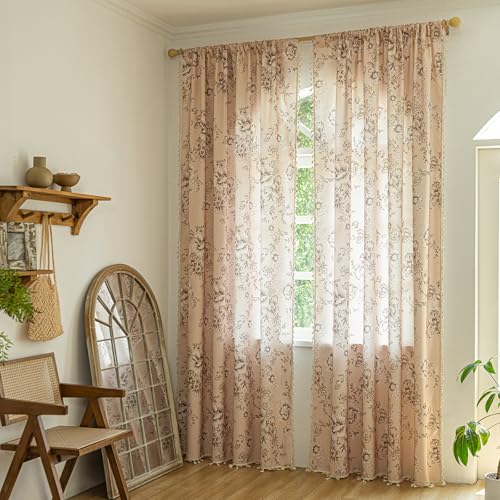 ENJOYBRIDAL Floral 63 Inch Curtains 2 Panel Set Living Room Farmhouse Drapes Bedroom Boho Semi Sheer Short Window Curtain Panels Cute Flower Rod Pocket Botanical Pattern Window Treatments - color: Floral09, size: 52"W x 63"L (Pack of 2)