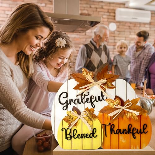 Fall Decorations for Home, Wooden Pumpkin Tabletop Sign Blessed Grateful Thankful Fall Decor for Home Farmhouse Living Room Harvest Day Thanksgiving Decor