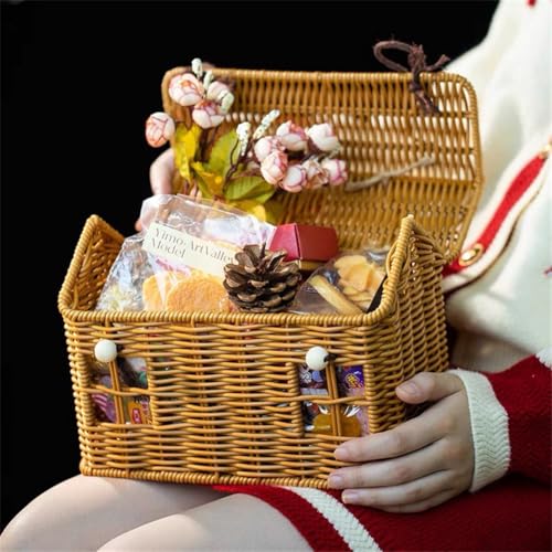 Rattan House Shape Storage Basket with Lid, Small Doll House, Decorative Hand Woven Shelf Organizer with Handle, Natural Harvest Wicker Basket for Picnics, Organizing, Storage (A, 1) - style: A
