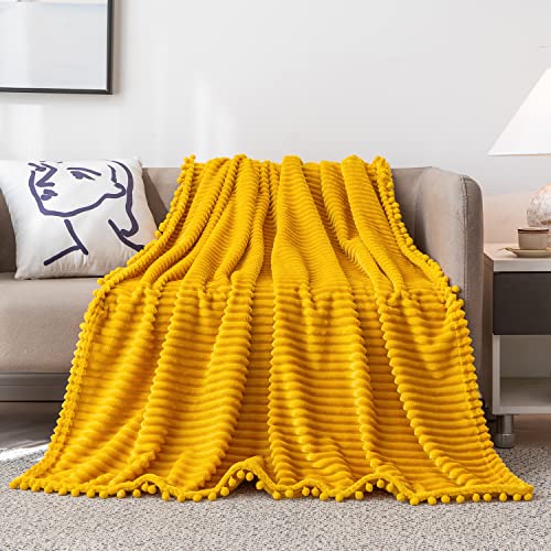 DISSA Fleece Blanket Queen Size – 90x90, Yellow - Soft, Plush, Fluffy, Fuzzy, Warm, Cozy – Perfect Throw for Couch, Bed, Sofa - with Pompom Fringe - Flannel Blanket - color: Yellow, size: 90x90"