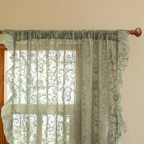 TUDECO Sage Green Lace Curtains, Ruffle Edges, 59 x 63 Inch, 2 Panels - color: Sage Green, size: 59"W x 63"L (Pack of 2)
